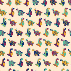 Motley dinosaurs childish seamless pattern vector. Cartoon vibrant endless texture with prehistoric animals. Jurassic era smiling spotted dinos seamless pattern. Friendly dinosaurs pattern on yellow