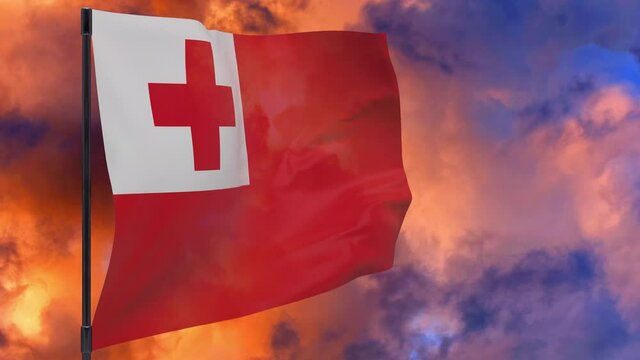 Tonga flag on pole with sky background seamless loop 3d animation