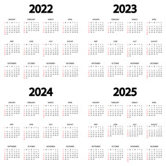 Calendar 2022, 2023, 2024, 2025 year. The week starts on Sunday. Annual calendar template. Yearly English calendar. Yearly organizer in minimal design. Portrait orientation