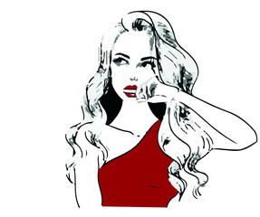 colored, stylish, glamour girl illustration, abstract fashion icon, hand drawn beautiful young woman sketch, beauty salon logo, makeup artist business card vector