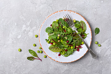 A plate with mix of fresh leaves, pomegranate, green peas and pine nuts for salad