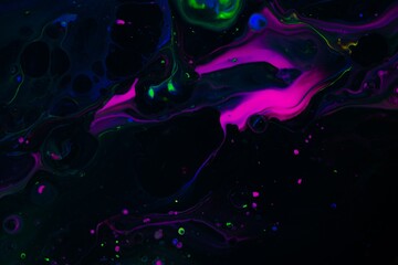 Fluid art texture. Abstract background with iridescent paint effect. Liquid acrylic artwork with artistic mixed paints. Can be used for baner or wallpaper. Black, purple and green overflowing colors
