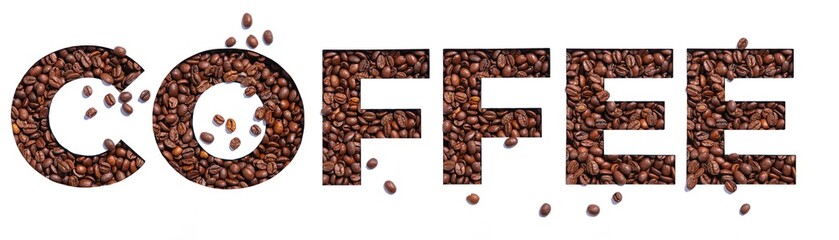 Lettering of English word coffee made of roasted organic beans and cut paper isolated on white. Typeface for coffeehouse