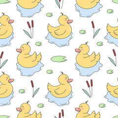 Seamless vector pattern with cute hand drawn duck floating in the pond. Funny summer background for kids room decor, nursery art, wrapping paper, print, banner, advertising, fabric, gift, textile, web