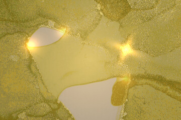 Obraz premium Olive green abstract alcohol ink marble texture. Vector shining background with glitter. Template for banner, poster design. Fluid art painting