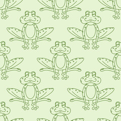 Seamless vector pattern with cute hand drawn frog. Line objects. Green palette. Fun geometric texture for kids room decor, nursery art, print, poster, fabric, wallpaper, wrapping paper, textile, web.