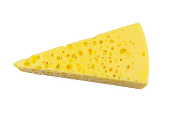 Piece of swiss cheese isolated on white background. Top view