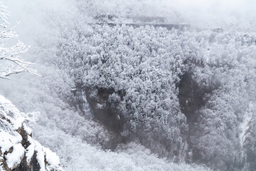 Vue panoramique sur le Saut de l'Éventail, la plus grosse chute des cascades du Hérisson, sur la commune de Menétrux-en-Joux (Jura, Franche-Comté), sous la neige de l'hiver