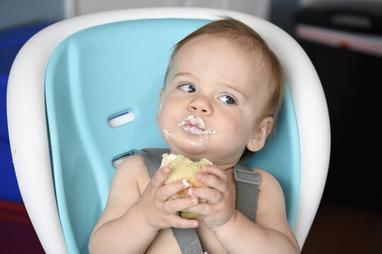 1 Year Old Boy Eating Birthday Cupcake 