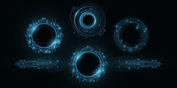 Futuristic round glowing HUD elements. Artificial intelligence frames. Virtual graphic touch user interface. Dashboard display. Sci-fi and Hi-tech design. Vector illustration.