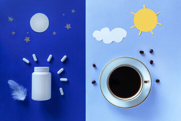 Two white bottle, pills, moon and coffee cup on blue background. Concept Insomnia, full moon time,...