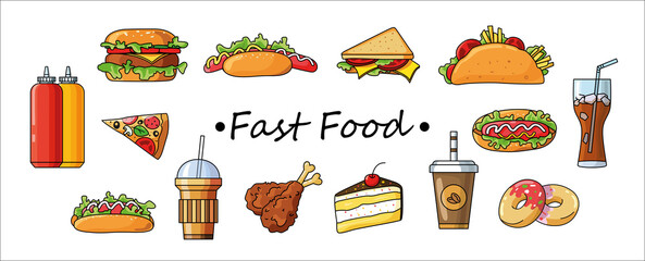 Doodle set with american fast food. Junk food colorful on white background. Colorful cartoon fast food. Burger, hot dog, pizza, taco, donut, sandwich, sauce, coffee. Takeaway food design.Vector