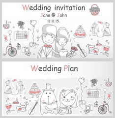 Doodle line design of web banner template with outline cartoon wedding icons. Wedding Planner Icons, Infographics and invitation.