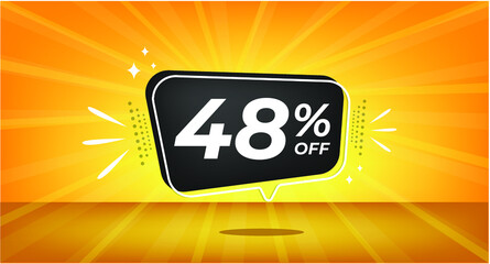 48% off. Yellow banner with forty-eight percent discount on a black balloon for mega big sales.