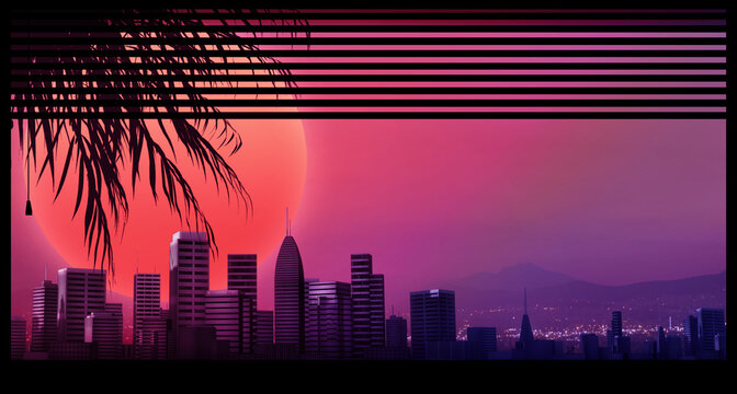 Looking through a retro window, concept. New retro wave city graphic style with a big red sun palm tree and a purple shade