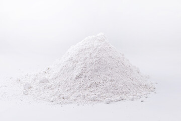 Zinc iodide or Zn2 iodide, white powder. Chemical compound of zinc and iodine on pure white background - obrazy, fototapety, plakaty