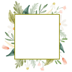 Watercolor floral frame with cute flowers and leaves. Frame for postcard, web design, or post in social networks.
