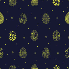 Gold Easter eggs on a dark background. Seamless pattern. Vector illustration