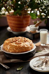 Kurnik is a national Russian dish, Pie made of pancakes, chicken, mushrooms and puff pastry. © Savory