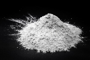 Zinc iodide or Zn2 iodide, white powder. Chemical compound of zinc and iodine on pure black...