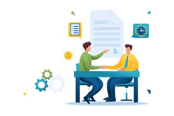 Merger of companies, businessmen sign an agreement. Flat 2D Web design