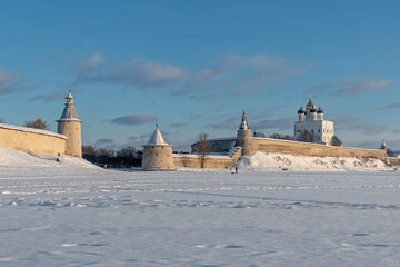 Frosty and winter Pskov Kremlin, Pskov region, Russia