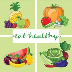 Banner with hand-lettering eat healthy text on green background with different fruits and vegetables - vector illustration
