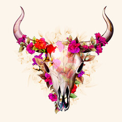 Vintage illustration of bull skull with flowers amaryllis and leaves around. Hand drawn, vector - stock.