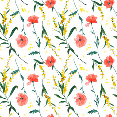 Seamless watercolor floral pattern of yellow mimosa and red poppies. Concept for invitation, greeting card or wallpaper.