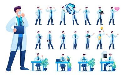 Set of Man doctor. Presentation in various in various poses and actions. 2D Flat character vector illustration N7