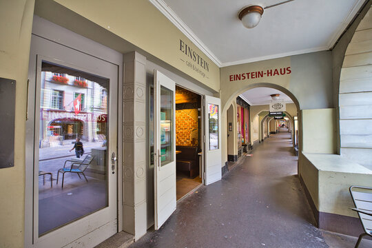 Bern, Switzerland - Aug 23, 2020: Einstein house museum under the gallery of Kramgasse street of Bern downtown.