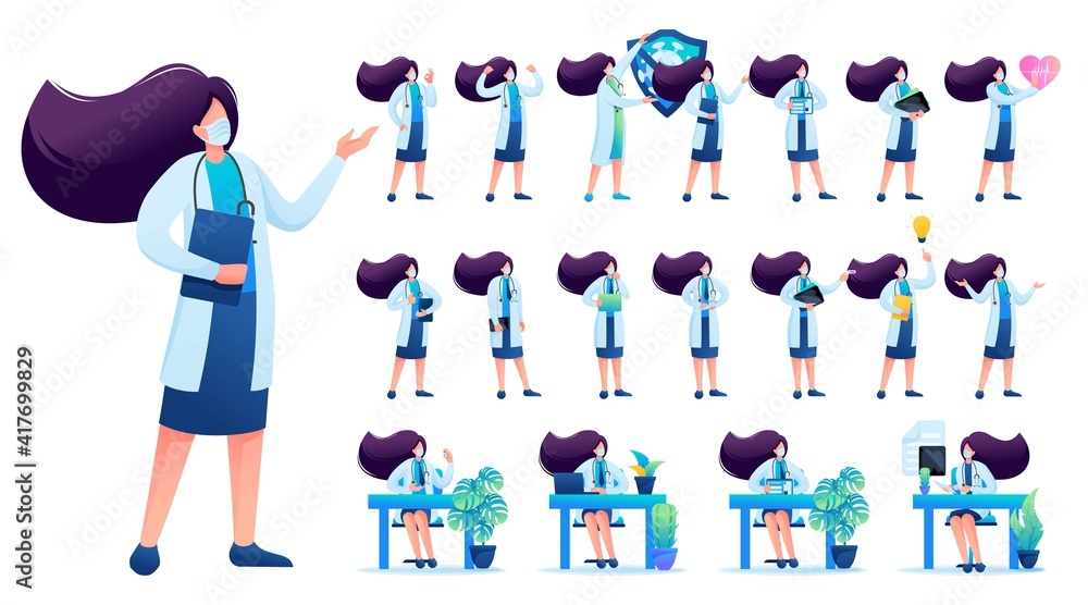 Poster set of woman doctor. presentation in various in various poses and actions. 2d flat character vector 