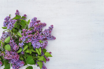 Happy Mothers day greeting card. Bunch of purple lilac on white paint wooden background. Space for text, flat lay