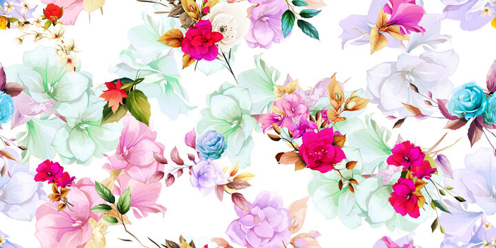 Wide vintage seamless background pattern. Beauty wild flowers with leaf on light buds behind. Abstract, hand drawn, vector - stock.