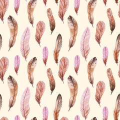 Watercolor natural birds feathers boho pattern. Bohemian Seamless texture with hand drawn feathers. Feather boho illustration for your design. Bright blue colors decoration. © ZubiZub