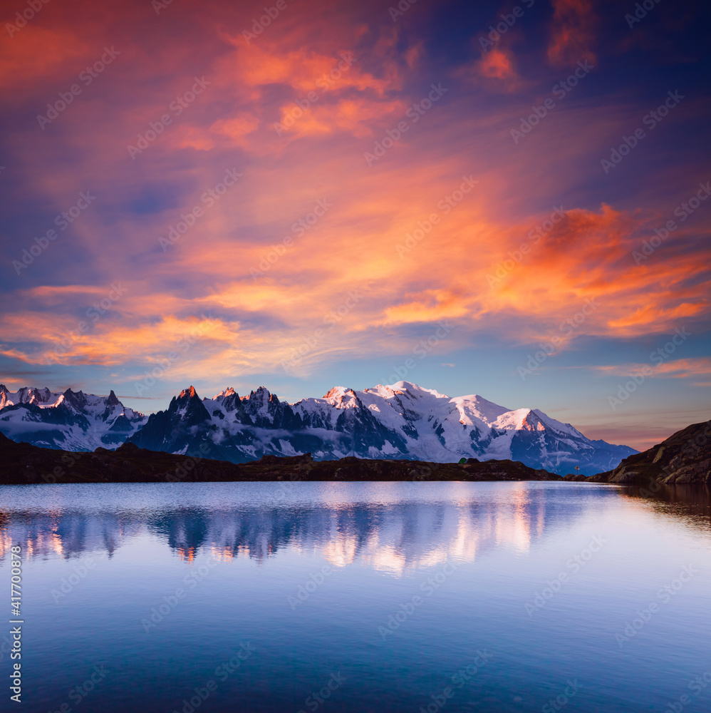 Poster Great Mont Blanc glacier with Lac Blanc. Location Chamonix famous resort, France, Europe.