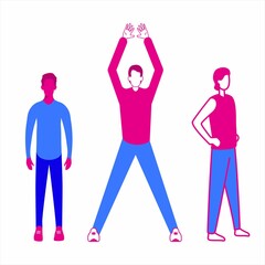 Set of men doing exercises. Sports people in vector. Fitness theme. Guy with his hands up. Healthy lifestyle. Straching pose by people. Standing right in a sportsuit. Isolated illustration of male.