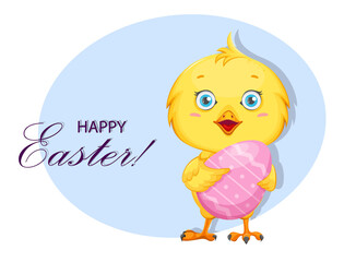 Cute little chick holding colored egg