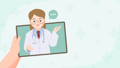 a hand holding tablet see a woman doctor video call online to conect hospital for consultation or diagnosis from distancing place blank banner illustration vector. Health Care Concept.