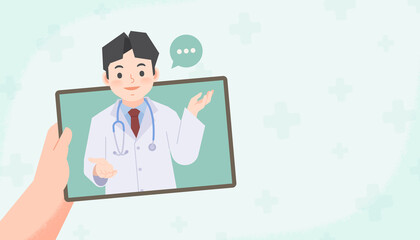 a hand holding tablet see a asian man doctor video call online to conect hospital for consultation or diagnosis from distancing place blank banner illustration vector. Health Care Concept.