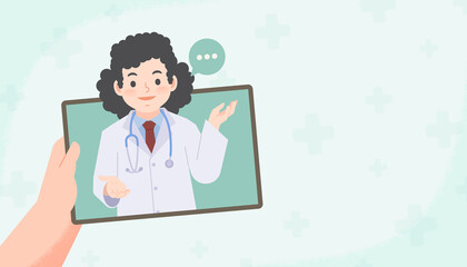 a hand holding tablet see a asian woman doctor video call online to conect hospital for consultation or diagnosis from distancing place blank banner illustration vector. Health Care Concept.