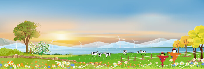 Spring landscape in village with green field and sunset,Vector cartoon rural farmland with animals cows, scarecrow and windmills by the sea,Organic farming © Anchalee
