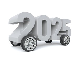 Obraz na płótnie Canvas 3D illustration of the number 2025 with car wheels on a white background