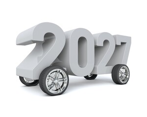 Obraz na płótnie Canvas 3D illustration of the number 2027 with car wheels on a white background