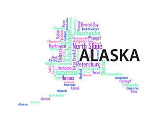 Word cloud map design includes all Counties, Cities, Municipalities in the state of Alaska. It's an editable vector file.