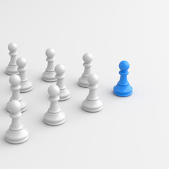 Leadership concept, blue pawn of chess, standing out from the crowd of white pawns, on white background. 3D Rendering