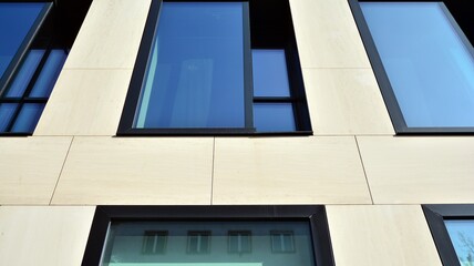 A fragment of the glass and sandstone facade of a modern office building. Wide abstract fragment of modern building facade. View of modern glass and stone facade.