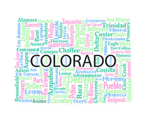 Fototapeta premium Word cloud map design includes all Counties, Cities, Municipalities in the state of Colorado. It's an editable vector file.