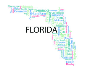 Word cloud map design includes all Counties, Cities, Municipalities in the state of Florida. It's an editable vector fil