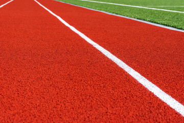 Red treadmills at the stadium.Running Track .